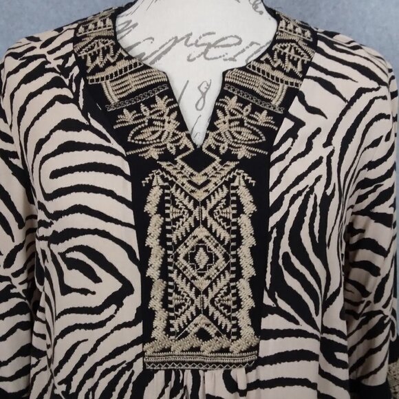 Caleaaa | Embroidered Zebra Print Tunic Blouse Top Black Tan | Size M - Picture 4 of 9